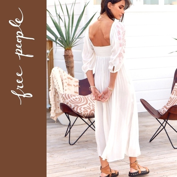 FREE PEOPLE Wedgewood Embroidered Scoop Neck 3/4 Puff Sleeve Maxi Dress/SM NWT - Picture 3 of 16
